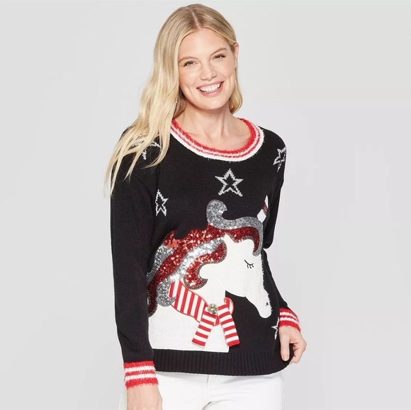 Vintage Sweaters - 33 Degrees Women's Crew Unicorn Christmas Ugly Sweater Sequin Holiday Size XS.